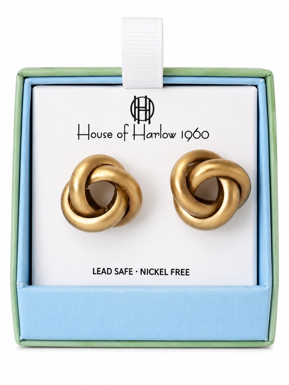 House of Harlow 1960 Matte Gold Knot Stud Earrings NWT Gift Box